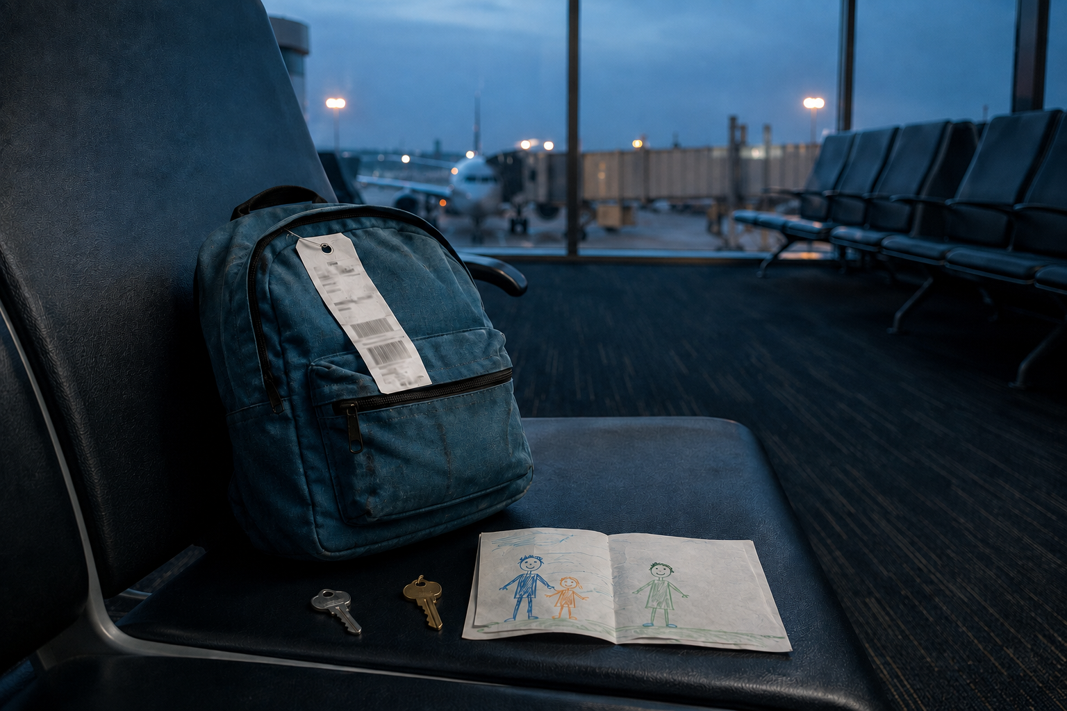 A child’s backpack, two house keys and a family drawing on an empty airport seat