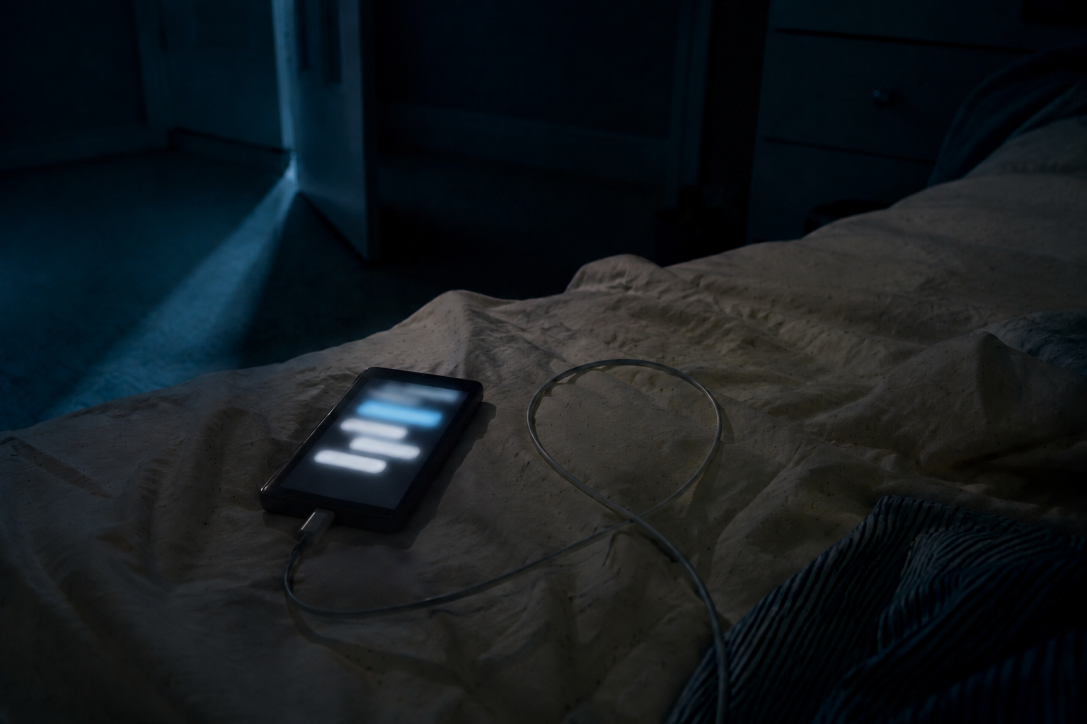 A small touchscreen device glowing on a child’s bed at night, its charging cable looping across the covers