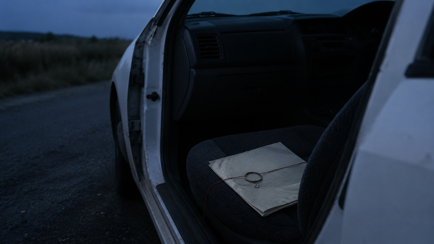 An empty white car passenger seat holding folded legal papers and a handmade crystal ring
