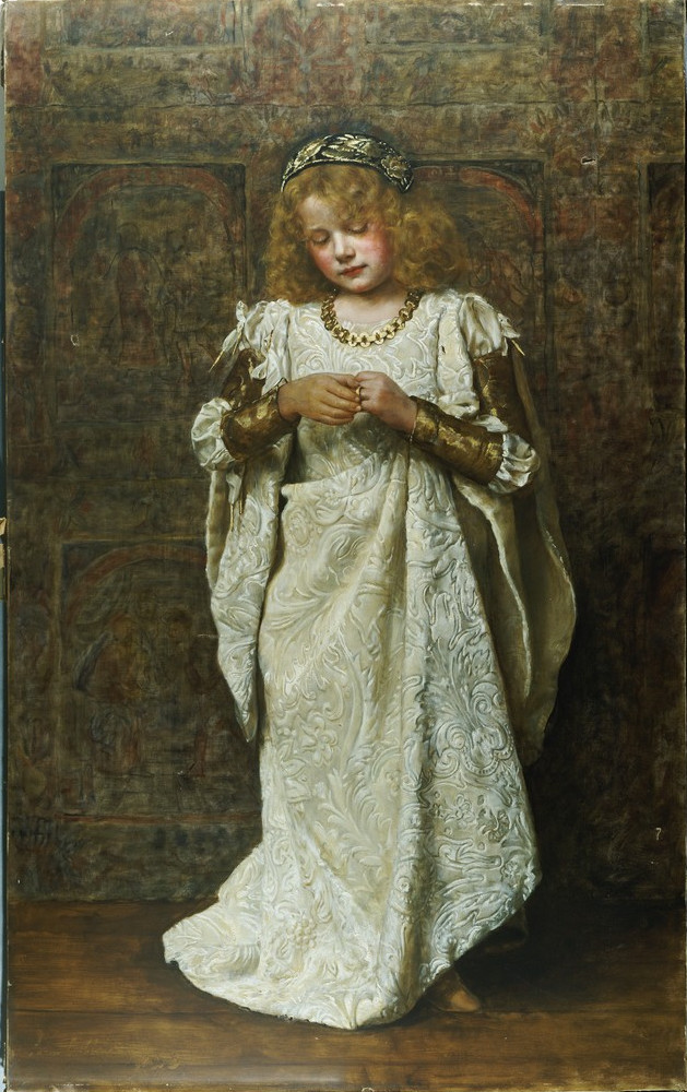 Detail from John Collier’s The Child Bride showing the young subject’s lowered face, small hands and oversized ceremonial dress