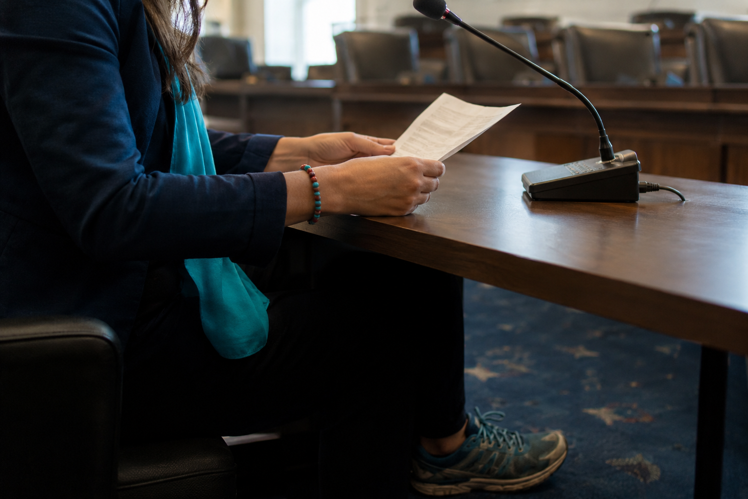 A survivor’s hands holding prepared testimony beside a microphone at a state legislative hearing